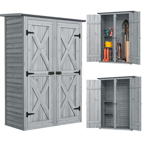 Outsunny caseta de jardín de madera 115x53x156 cm, armario exterior para herramientas con puertas dobles con pestillo, 2 estantes, gris
