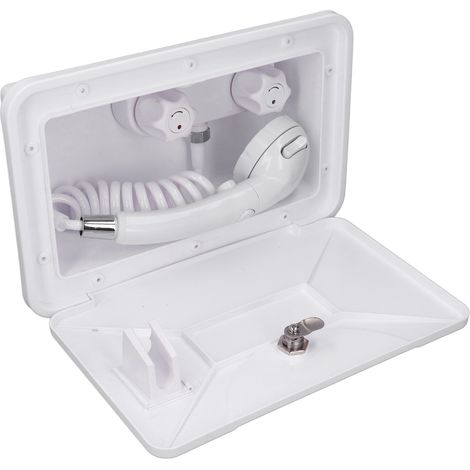 Kit de douche extérieure avec tuyau rétractable de 1,5 m et robinet extérieur universel pour camping-cars, fourgons aménagés et bateaux (1/5)