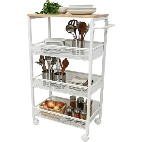 Relaxdays Nischenwagen, HxBxT: 77x22x45 cm, schmales Nischenregal Bad & Küche, 4 Ebenen, Rollregal Metall, natur/weiß