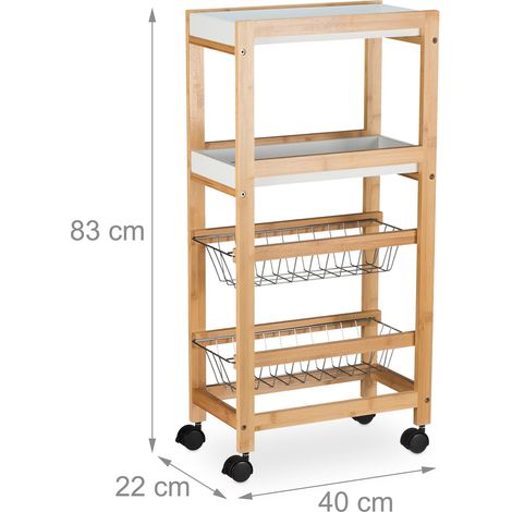 Chariot de rangement à roulettes 4 niveaux cuisine salle de bain pratique finition mate 60 x 30 x 90 cm en bambou blanc (1/4)