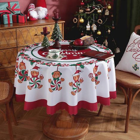 Nappe de Noël 2026, imperméable, en polyester, impression numérique, ronde, motif flocons de neige, décoration de fête, tissu 1120 rond [210 g] (1/5)