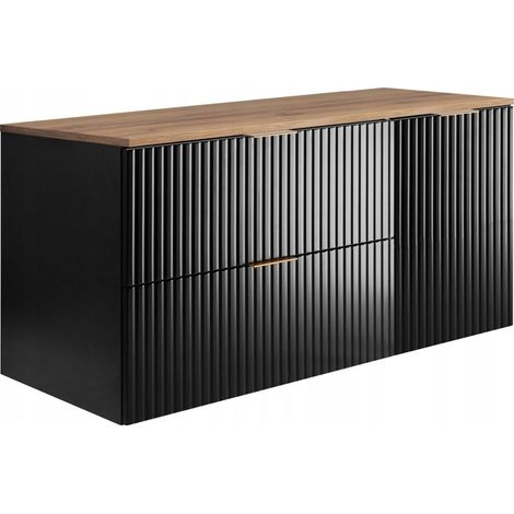Rodan Badschrank 120 cm, Schwarz Matt und Holz, 46 x 120 x 57 cm, geriffelte Türen, braune Platte, feuchtraumgeeignet