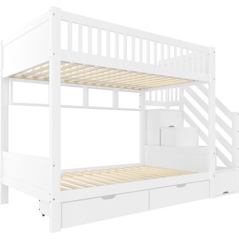 Letto a castello bambini 90 x 200 cm bianco con scala contenitore, armadio e cassetti (1/5)