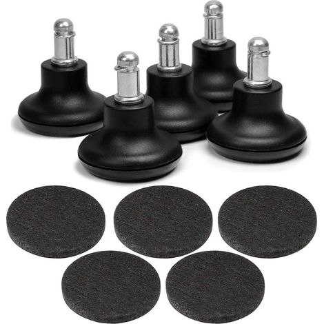 Lot de 5 roulettes pivotantes de rechange pour chaise ou tabouret de bureau, transformables en roulettes fixes, avec patins en feutre autocollants séparés et butées pour pieds de chaise. (1/5)