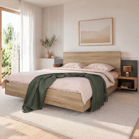 lit 160x200 avec 2 chevets intégrés bois gris OKMYHOME (1/5)