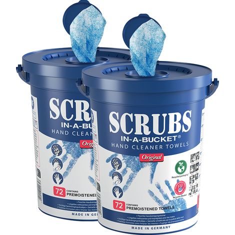 Pack de 2 cubos de 72 toallitas limpiadoras de manos Scrubs – toallitas antibacterianas profesionales – limpieza eficaz de grasa, pintura y aceite – textura no abrasiva