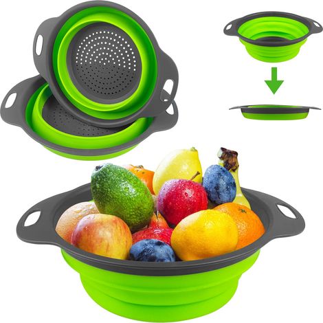 2 Pièces Passoire Cuisine Pliable - 2 Tailles, Retractable, Facile À Nettoyer - En Silicone Pour Pâtes et Légumes, Panier À Vapeur (Vert 25+29cm) (1/5)