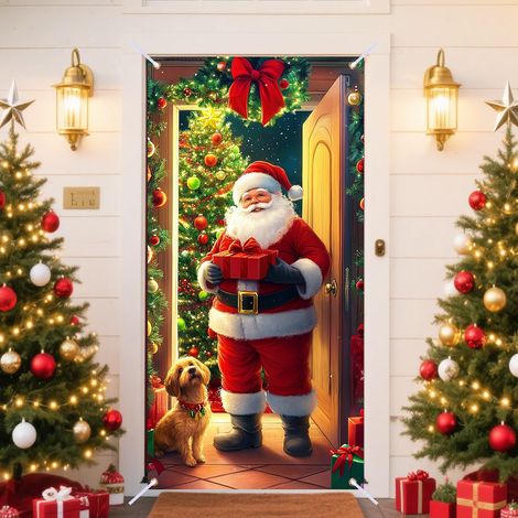 Décorations de Noël 2026 - Bannières, nœuds, décorations de Noël, rideaux de porte - 90 x 180 cm (œillets + ruban) - QL-7