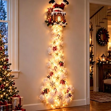 Décoration murale de Noël lueur de Père Noël, traîneau et renne à suspendre, effet neige étincelante en cascade pour mur de