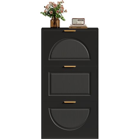 Meuble à chaussures étroit avec 3 abattants – Armoire à chaussures pour entrée et salon, noir, dimensions : 60 x 24 x 114 cm