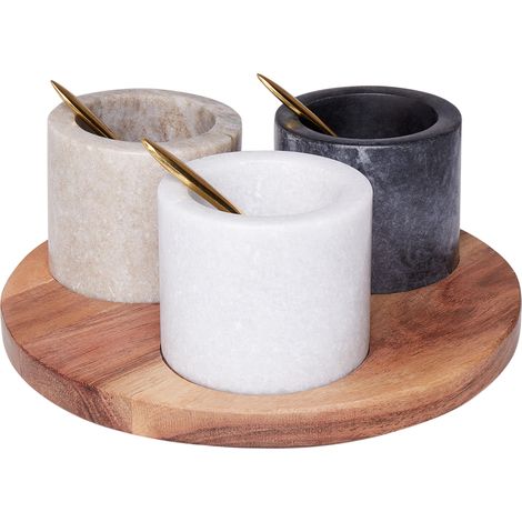 Bandeja para servir con 3 cuencos de mármol madera de acacia acero inoxidable con cucharillas vajilla multicolor Heraklion