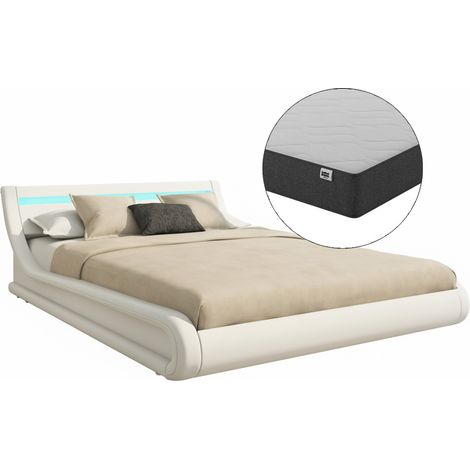Letto Contenitore con Materasso Letto con Testiera e Rete Struttura Letto con LED Bianco Opaco Llegno ed Ecopelle Modello Parisina 140x190 (1/5)