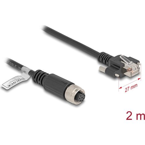 Delock M12 Cable A codificado 8 pines hembra a RJ45 macho con tornillos Cat.5e FTP 2 m negro