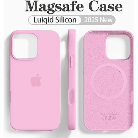 Coque souple en silicone liquide MagSafe compatible avec iPhone 16, 15, 14, 12, 13 Pro Max et chargement sans fil. Logo 16. Fermeture magnétique rose clair.