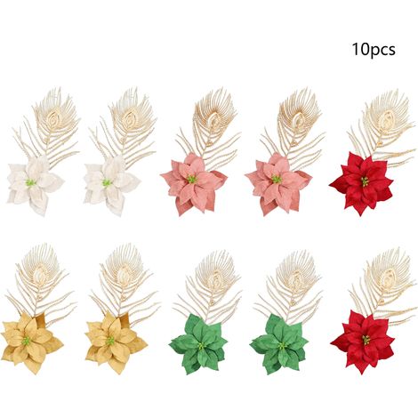 (2 Stiele jeder Farbe, Kombination aus Rot, Grün, Pfirsich und Weiß) 10 Weihnachtsdekorationen, handgefertigte künstliche Weihnachtsblumen, dekorative Einsätze, Weihnachtsbaumschmuck für Restaurants (1/3)
