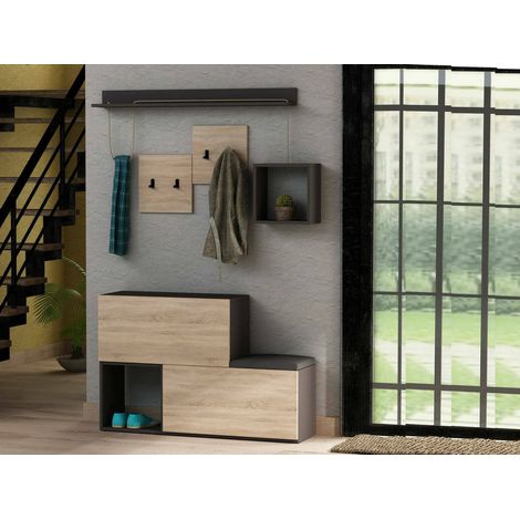 Dmora - Mobile da ingresso Caph, Entratina appendiabiti, Composizione per atrio, Consolle portaoggetti multifunzione, 120x17h76 cm, Antracite e Rovere, con imballo rinforzato, con imballo rinforzato (1/4)
