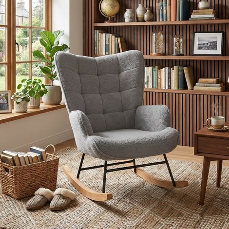 Creahappy Fauteuil Basculant Roulant en Tissu Bouclette - Chaise Reclinable avec Pieds Bois - Gris Foncé (1/5)