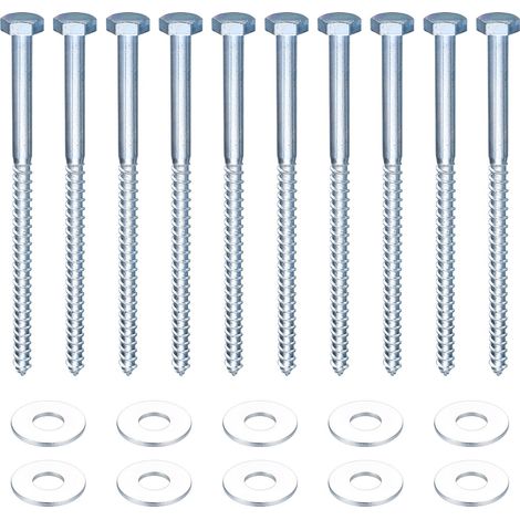 10 Pcs M10 Tirefond à Bois, Vis à Tête Hexagonale avec Rondelles, Vis Tire-fond Autotaraudeuses pour Support TV Terrasse (M10 x 180 mm) (1/5)