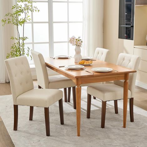 Chaise de Salle à Manger Lot de 4 – Tissu Lin Blanc Ultra Doux, Dossier Capitonné, Design Moderne, Assise Confortable, Facile à Nettoyer pour Cuisine & Salon (1/5)