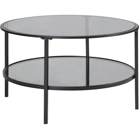 Mesa de centro redonda moderna de vidrio templado ø 80 cm estante de hierro negro Tellaka