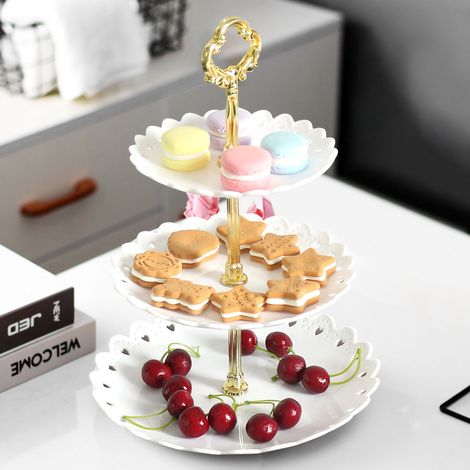 Dreistöckiger, blütenblattförmiger Obstständer aus weißem Kunststoff, abnehmbar, ideal für Gebäck, Cupcakes und Appetithäppchen. Perfekt für Hochzeiten, Partys und den privaten Gebrauch. (1/4)