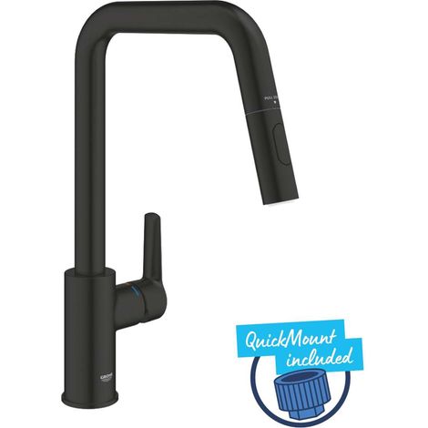 Grohe – Mitigeur monocommande évier noir mat – Bec haut pivotant 360° – Douchette extractible avec inverseur jet laminaire/jet pluie – Limiteur de température