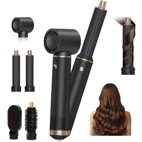 Longziming - Appareil de coiffure 5 en 1 - Sèche-cheveux avec technologie Coanda - Boucle et lisse en un seul appareil - 5 pièces - Pour tous types de cheveux - Noir (1/5)
