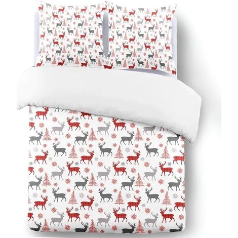 Parure de lit enfant motif rennes de Noël, 140 x 200 cm + 2 taies d'oreiller 65 x 65 cm, microfibre (1/5)