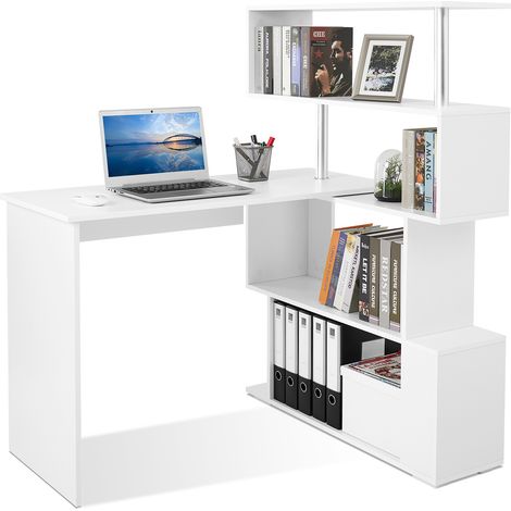Mondeer – Bureau d'angle rotatif 360° avec bibliothèque intégrée – Design minimaliste – Dimensions 106-157x45x75 cm – Structure en bois massif et acier inoxydable