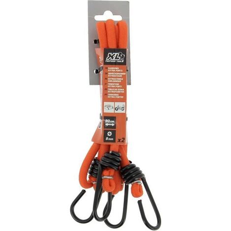 Lote de 2 tensores bungee cord XL PERFORM TOOLS 10 mm x 80 cm naranja ganchos metálicos negros (1/4)