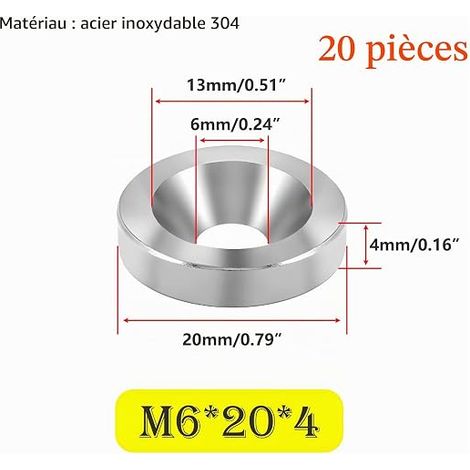 Flat Washer, Countersunk Washer, M6 x 20 x 4 mm Stainless Steel Cup Washer, for Countersunk Head Screws (1/4)
