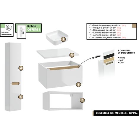 Ensemble complet de salle de bain - Meuble - Armoires - Cube - Vasque à poser avec Siphon OFFERT OPRA 60 x 30 x 45 cm (1/5)
