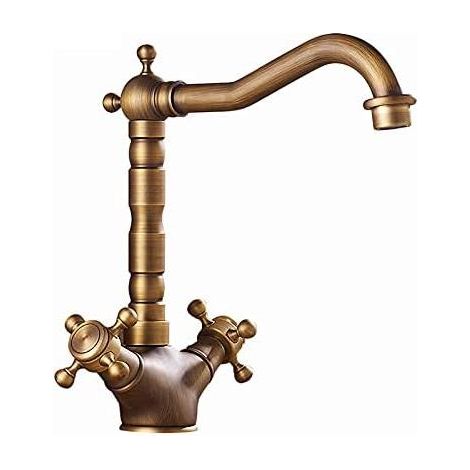 Robinet de salle de bain en bronze avec bec pivotant et double poignée en croix (1/5)