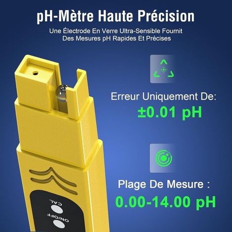 pH Metre Haute Précision (± 0.01), Testeur pH Piscine avec Écran LED Rétroéclairé Bleu et Compensation Automatique de la Température, pour Eau Potable/Piscine Analyse de l’eau-Jaune (1/2)