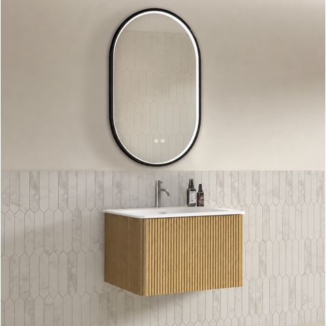 Mueble de lavabo suspendido 60 cm con espejo ovalado 50 x 80 cm, roble, premontado (1/5)