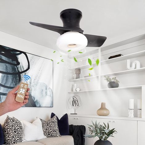 Ventilateur de plafond 60 cm avec éclairage et télécommande, plafonnier LED à intensité variable avec ventilateur, 6 vitesses, minuteur, noir