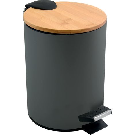 Spirella - Pattumiera da bagno a pedale in acciaio ADONIS - Coperchio in bambù - Chiusura ammortizzata, Pattumiera interna - Ø 17 x 22,5 cm - 3 L - Grigio antracite opaco (1/5)