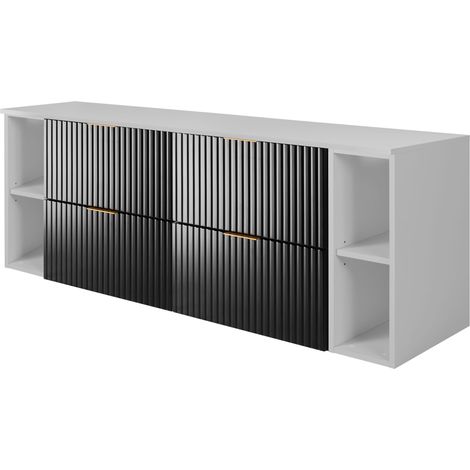 Furnidea - Meuble sous vasque FLOW NOIR 160 cm avec 2 x l'étagères - extensions et plan BLANC - 4 tiroirs - façades rainurées (1/5)