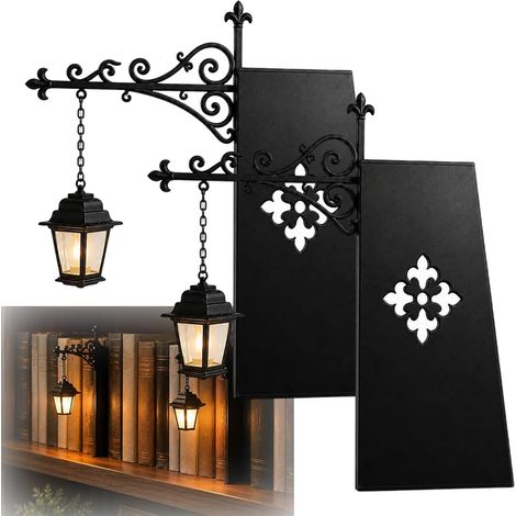 Serre-livres Lampe Vintage - Lot de 2 - Métal Style Rétro - Éclairage LED Intégré - Pour Bibliothèque et Bureau - 18x12x6 cm (1/5)