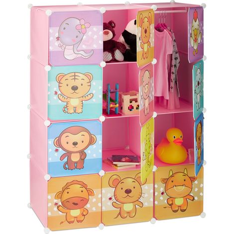 Relaxdays Steckregal Kinderzimmer, Tiermotive, Mädchen, Türen, Kleiderstangen, Kunststoff Kleiderschrank 145x110cm, rosa