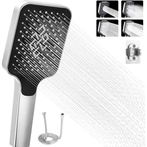 Pommeau de douche haute pression 4 modes, grand pommeau de douche avec flexible et base (argent) (1/5)