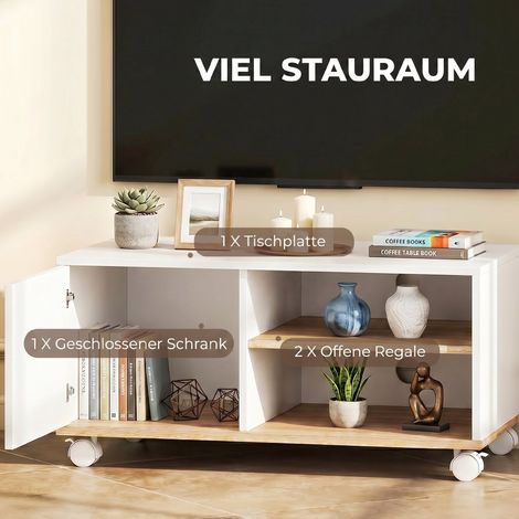 Meuble TV sur roulettes avec freins, armoire et étagère ajustable, blanc et chêne (1/5)