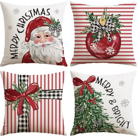 Fundas de cojín decorativas navideñas de 45 x 45 cm (juego de 4), diseño de Papá Noel, adornos navideños y árbol de Navidad iluminado, color rojo. (1/5)