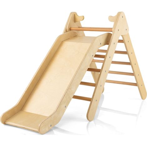 Set di arrampicata per bambini con scivolo 2-in-1, Arrampicatore in legno regolabile a gradi Naturale (1/4)
