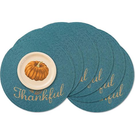 Lot de 6 sets de table ronds tressés de 38,1 cm pour tables de salle à manger, tissés naturels, résistants à la chaleur (bleu sarcelle)'Thanksgiving Teal 15 inches set of 6'Thanksgiving Teal'15 inches (1/5)