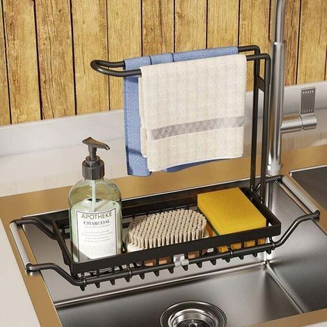 Organiseur d'Évier de Cuisine Extensible en Acier Inoxydable avec Rail de Suspension pour Torchons (1/4)