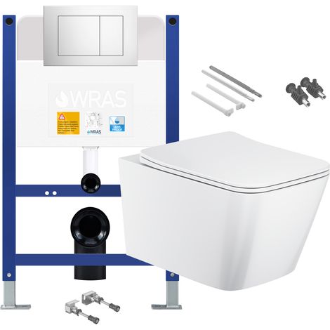 Gloss White Rimless Square Wall Hung Toilet with Low Height 0.75m Concealed Cistern Frame Set - Chrome Plate