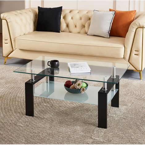 Tavolino in vetro temperato a 2 livelli 100 x 60 x 44 cm, metallo trasparente DESVIAE (1/5)