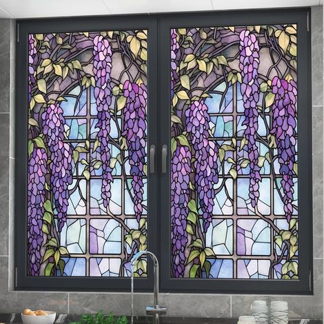 (45x200cm) Film de fenêtre à motif floral pour vitrail - Blocage UV - Isolation thermique - Motif violet - Pour décoration de fenêtre (1/5)