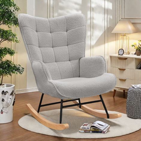 Chaise à bascule, fauteuil, chaise de loisirs avec coussin en bois, convient pour salon, chambre, balcon, moderne, cadre en acier, chaise pivotante, gris clair(Expédition depuis la France) (1/5)